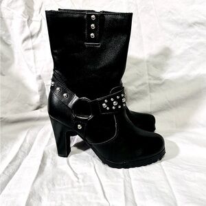 Ride Tecs Black Leather Harness Studded Women's Heeled Moto Boots NIB Size 6